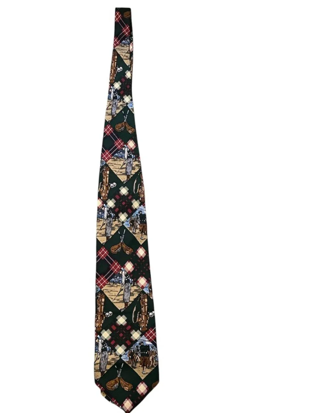 Vintage Claybrooke Pure Silk Men’s Tie Golf Graphic Print Green Red Novelty USA